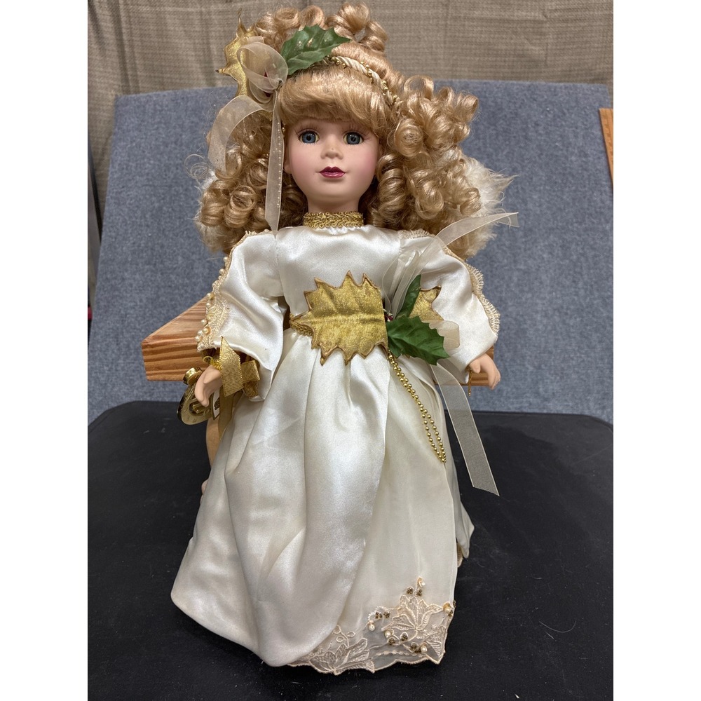 Vintage Porcelain Angel Doll White Satin Gold Leaf Gown Christmas Decor 16 Inch